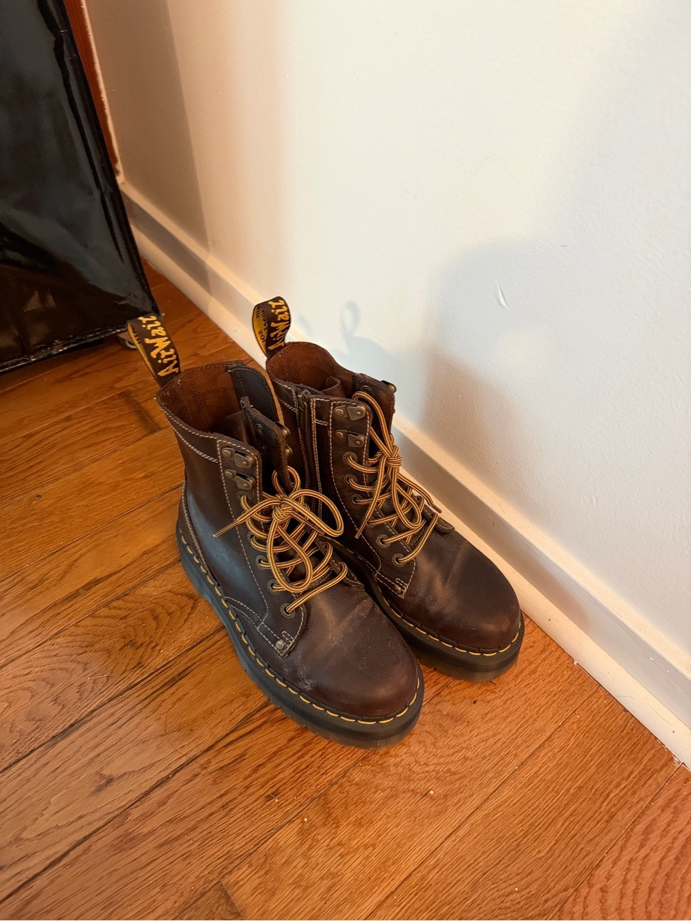 Dr. Martens Jadon Dark Brown Leather Lace-Up Work Boots with Yellow Stitching
